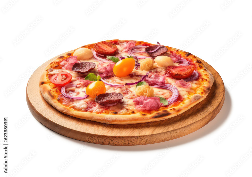 Pizza on a Wooden Board extreme closeup. Generative AI