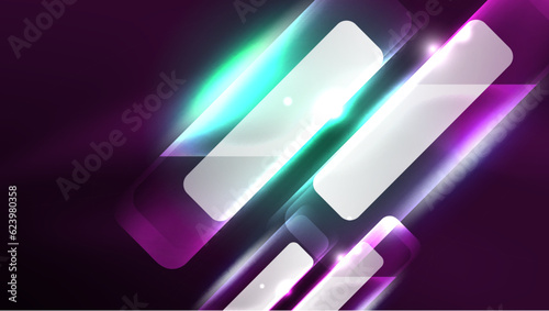 Abstract background landing page  glass geometric shapes with glowing neon light reflections  energy effect concept on glossy forms