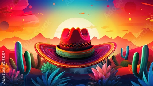 Illustrations and icons of the Mexican flag and the celebration of the holiday in the context of Mexico's Independence Day,AI generated.  #623980559