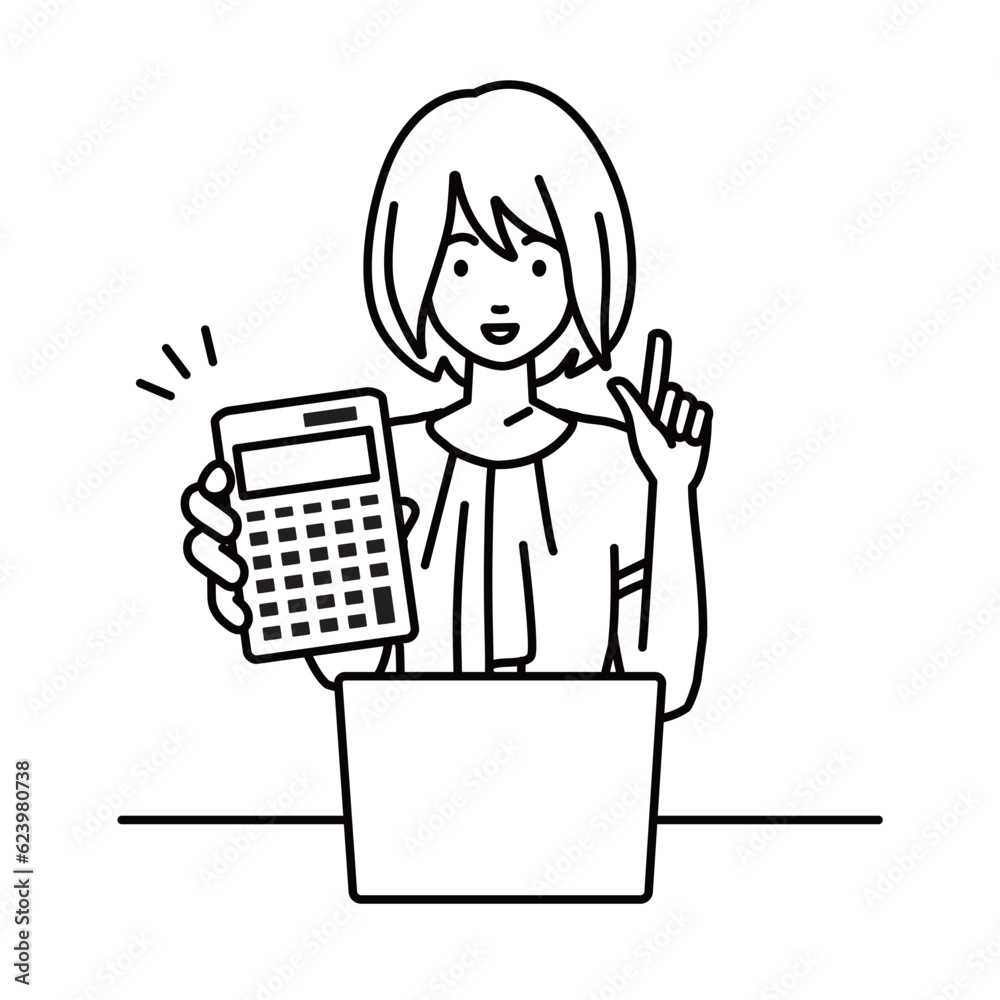 a woman in casual work style recommending, proposing, showing estimates and pointing a calculator with a smile in front of laptop pc a woman in casual work style recommending, proposing, showing estimates and pointing a calculator with a smile in front of laptop pc