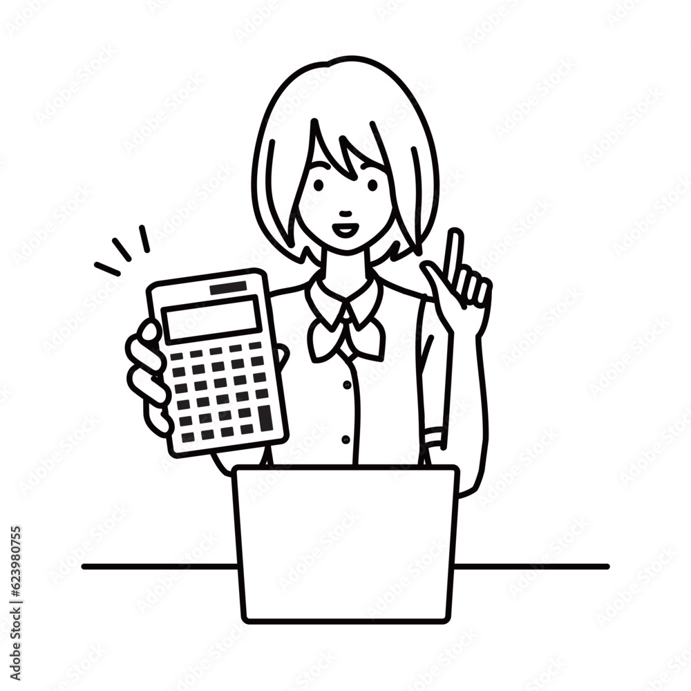 a woman in clerical uniform recommending, proposing, showing estimates and pointing a calculator with a smile in front of laptop pc a woman in clerical uniform recommending, proposing, showing estimates and pointing a calculator with a smile in front of laptop pc