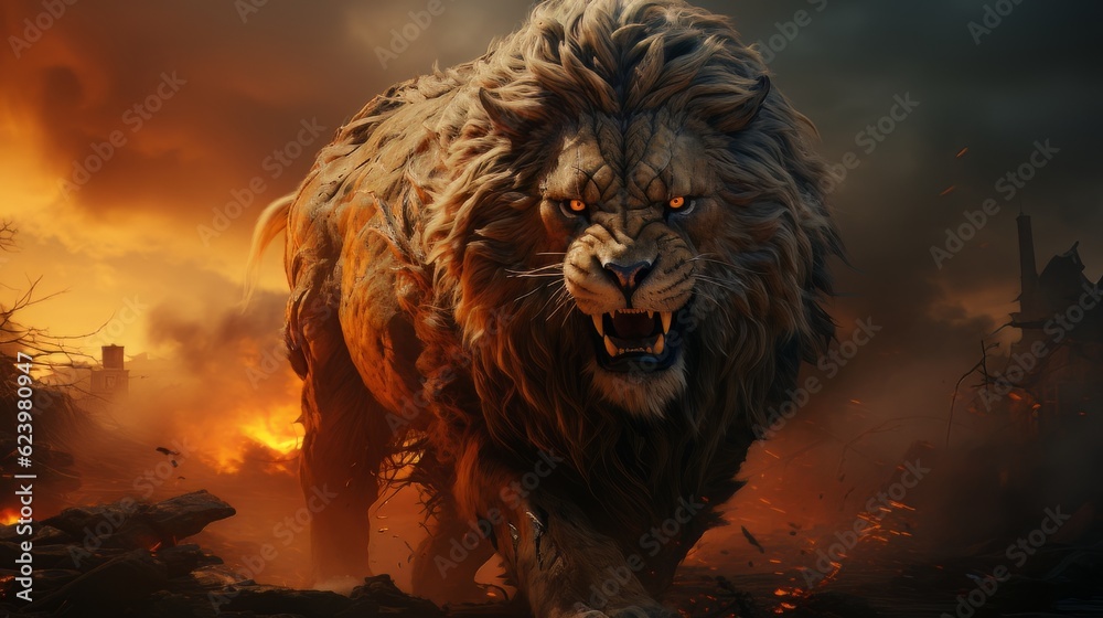 Naklejka premium Cinematic image realistic epic lion king made with generative AI
