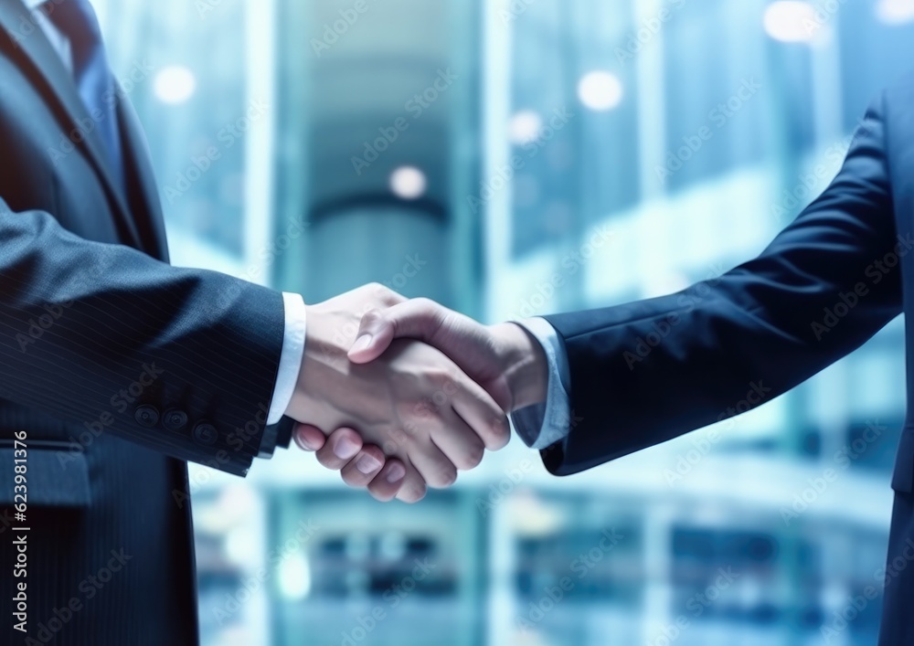 Businessmen making handshake in the office city, Generative AI