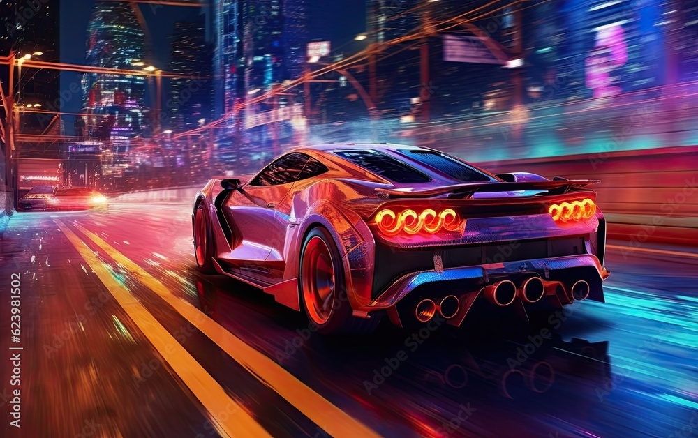 Illustration of sports Car racing on neon highway in the city , colorful lights and trails, Generative AI.