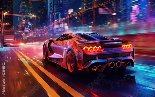 Illustration of sports Car racing on neon highway in the city , colorful lights and trails, Generative AI. © tonstock