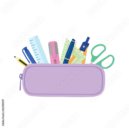 Pencil case with school supplies flat illustration vector in pastel color. Element for back to school concept. Pencil case illustration isolated on white background.