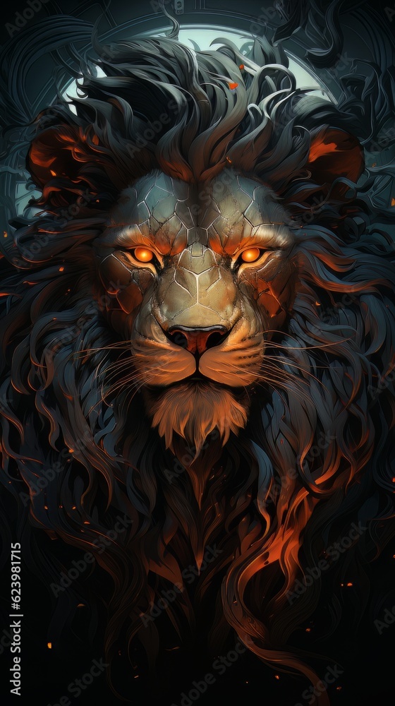 Cinematic image lion with burning eyes made with generative AI