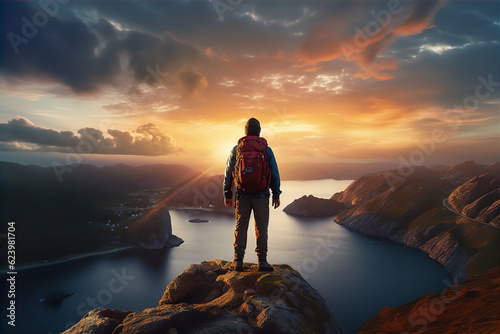Traveler with a Backpack Standing on a Cliff © Ployker