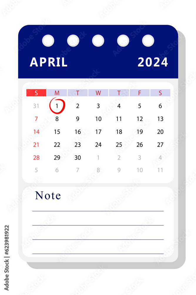 April 2024 note calendar template. Vector design April 2024 note calendar template. Vector design