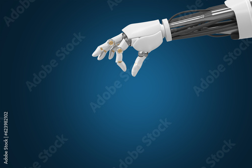 3d rendering of the Robotic Hand, Illuminated Against a Blue Backdrop, Embodying the Unparalleled Potential of AI and Technology to Reshape Our World.