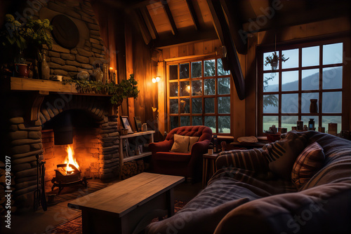 Fotografia Cozy Interior of a Rustic Cottage with Fireplace and Warm Lighting