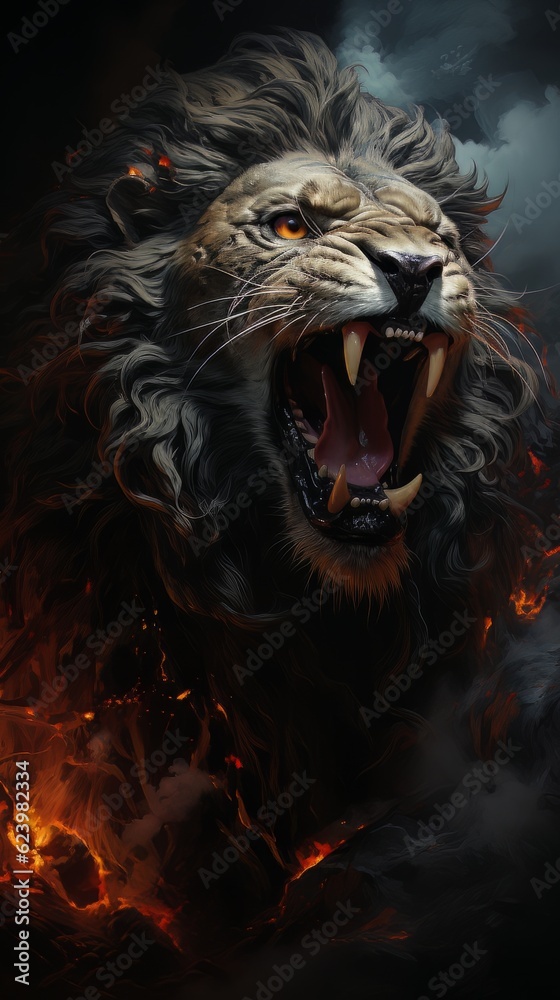 Cinematic image lion with burning eyes made with generative AI Cinematic image lion with burning eyes made with generative AI