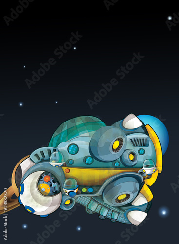 Cartoon funny colorful scene of cosmos galactic alien ufo space craft plane isolated illustration for children