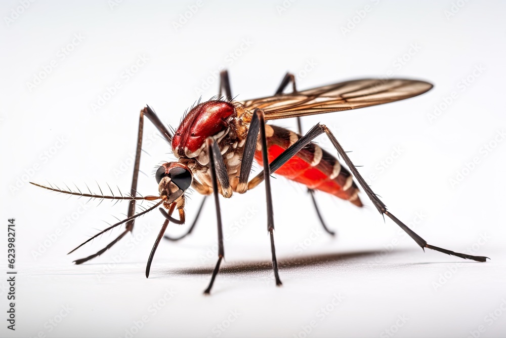 Aedes mosquito isolated on white background. Mosquitoes are carriers of dengue fever and malaria. Dengue, Chikungunya, Mayaro, Yellow fever. Generative Ai Aedes mosquito isolated on white background. Mosquitoes are carriers of dengue fever and malaria. Dengue, Chikungunya, Mayaro, Yellow fever. Generative Ai