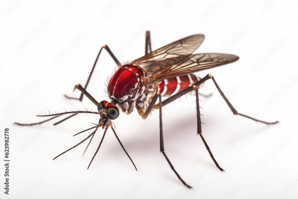 Aedes mosquito isolated on white background. Mosquitoes are carriers of dengue fever and malaria. Dengue, Chikungunya, Mayaro, Yellow fever. Generative Ai Aedes mosquito isolated on white background. Mosquitoes are carriers of dengue fever and malaria. Dengue, Chikungunya, Mayaro, Yellow fever. Generative Ai