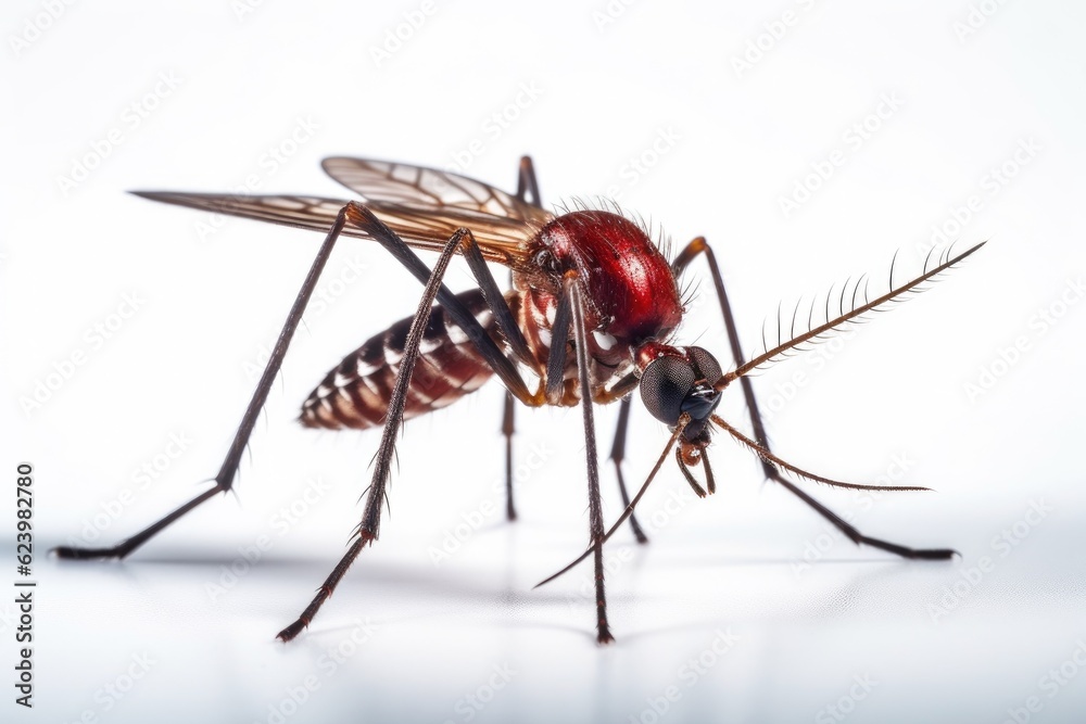 Aedes mosquito isolated on white background. Mosquitoes are carriers of dengue fever and malaria. Dengue, Chikungunya, Mayaro, Yellow fever. Generative Ai Aedes mosquito isolated on white background. Mosquitoes are carriers of dengue fever and malaria. Dengue, Chikungunya, Mayaro, Yellow fever. Generative Ai