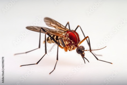 Aedes mosquito isolated on white background. Mosquitoes are carriers of dengue fever and malaria. Dengue, Chikungunya, Mayaro, Yellow fever. Generative Ai © tong2530
