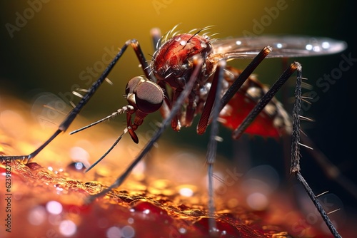 Aedes mosquito that carries dengue fever, Zika virus is sucking blood on a person's skin. Mosquitoes are carriers of dengue fever and malaria. Chikungunya, Mayaro, Yellow fever. Generative Ai © tong2530
