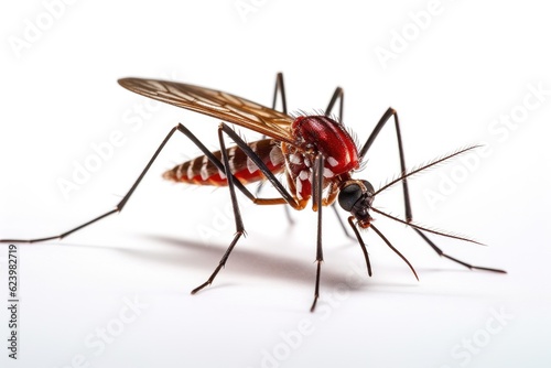 Aedes mosquito isolated on white background. Mosquitoes are carriers of dengue fever and malaria. Dengue, Chikungunya, Mayaro, Yellow fever. Generative Ai © tong2530
