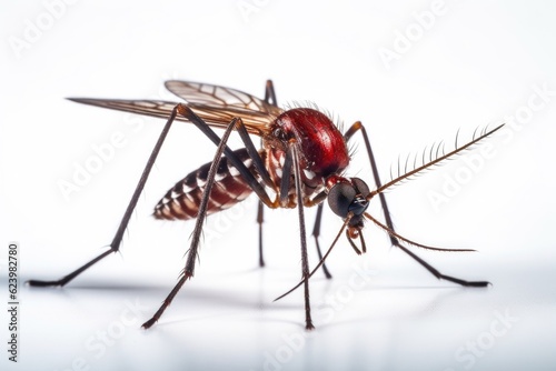 Aedes mosquito isolated on white background. Mosquitoes are carriers of dengue fever and malaria. Dengue, Chikungunya, Mayaro, Yellow fever. Generative Ai