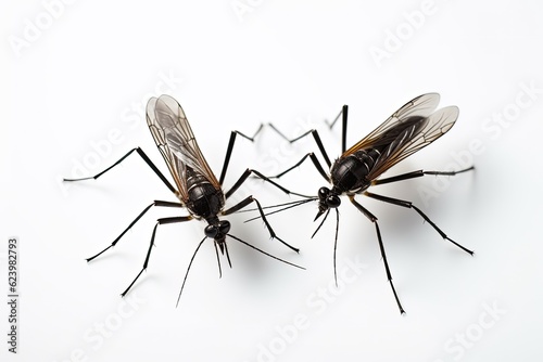Aedes mosquito isolated on white background. Mosquitoes are carriers of dengue fever and malaria. Dengue, Chikungunya, Mayaro, Yellow fever. Generative Ai