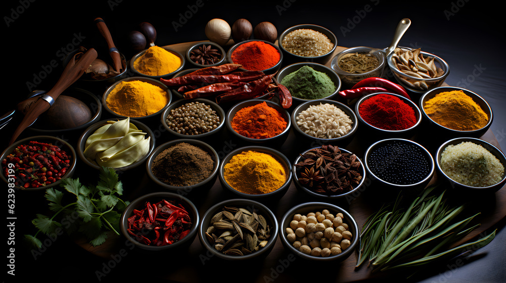 Spices on black background with copy space Generative AI Spices on black background with copy space Generative AI