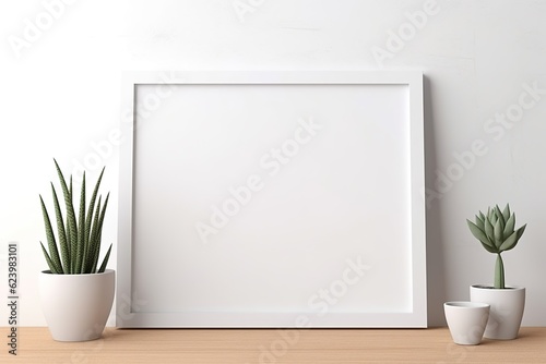 Empty horizontal frame mockup in modern minimalist interior with plant in trendy vase on white wall background. Template for artwork, painting, photo 