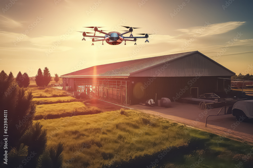Obraz premium An agricultural drone is flying to spray fertilizer in the sweet corn fields.
