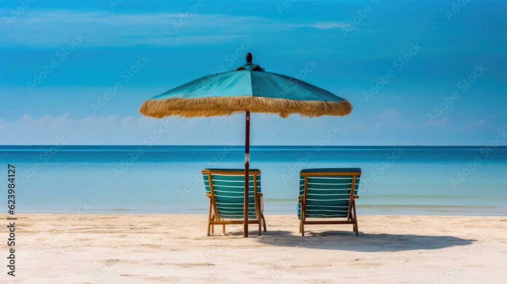 Back View of Beach Chairs and Umbrella. Generative AI Back View of Beach Chairs and Umbrella. Generative AI
