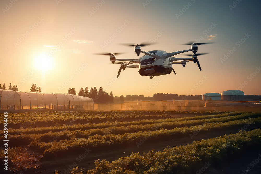 Fototapeta premium An agricultural drone is flying to spray fertilizer in the sweet corn fields.