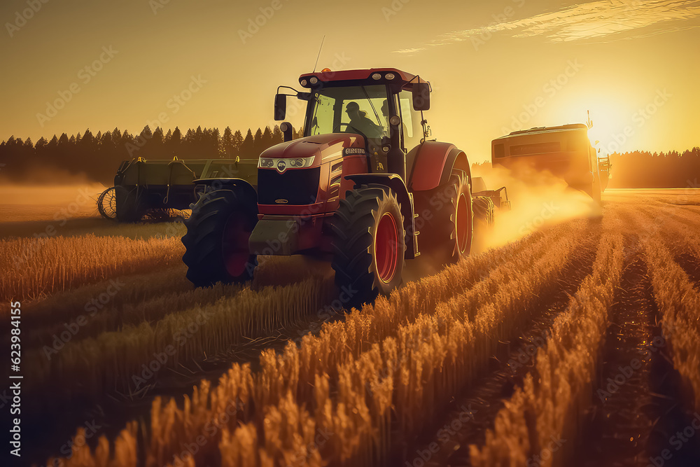 Tractor works on farm wheat fields during sunset, modern agricultural transport Tractor works on farm wheat fields during sunset, modern agricultural transport