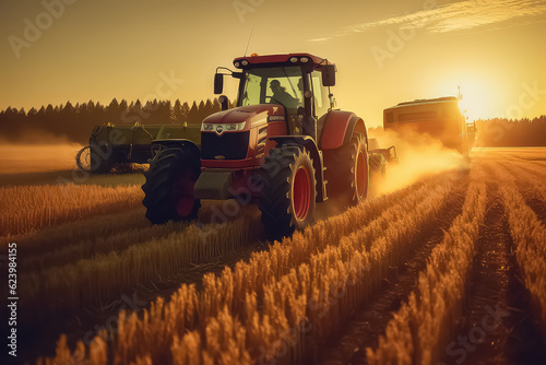 Tractor works on farm wheat fields during sunset  modern agricultural transport