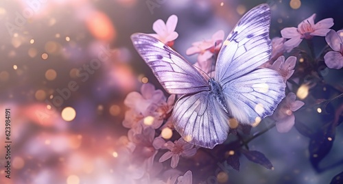 Cheerful spring summer shot of flowers and butterflies in meadow in nature outdoors on bright sunny day, macro. Soft selective focus, Generative AI