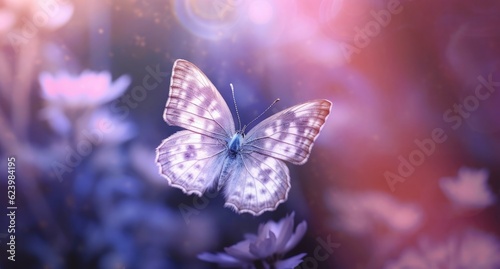 Cheerful spring summer shot of flowers and butterflies in meadow in nature outdoors on bright sunny day, macro. Soft selective focus, Generative AI © tonstock