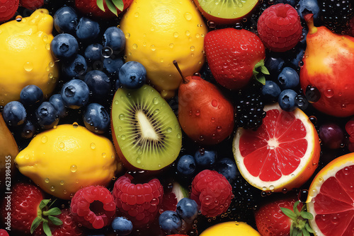 seamless background of many beautiful and shiny fruits  top view.