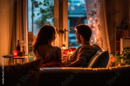 Image of couple use smartphone device while sitting on a couch in the cozy apartment do e-Shopping, social media on Internet, Generative AI