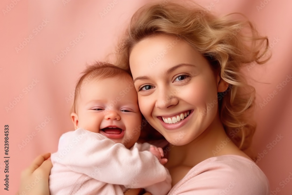 Studio portrait of a young smile asian mother and happy child isolated on pastel pink wall background. Mom and baby embrace. Mother's Day. Loving parent, Generative AI Studio portrait of a young smile asian mother and happy child isolated on pastel pink wall background. Mom and baby embrace. Mother's Day. Loving parent, Generative AI