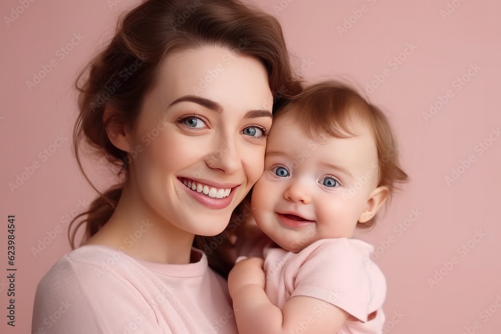 Studio portrait of a young smile asian mother and happy child isolated on pastel pink wall background. Mom and baby embrace. Mother's Day. Loving parent, Generative AI Studio portrait of a young smile asian mother and happy child isolated on pastel pink wall background. Mom and baby embrace. Mother's Day. Loving parent, Generative AI