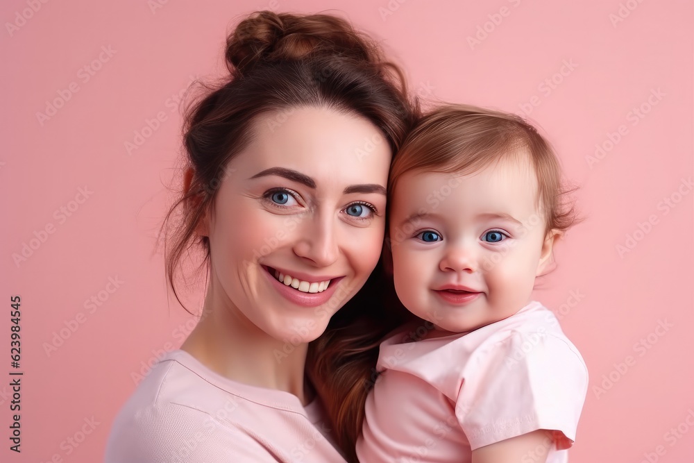 Studio portrait of a young smile asian mother and happy child isolated on pastel pink wall background. Mom and baby embrace. Mother's Day. Loving parent, Generative AI Studio portrait of a young smile asian mother and happy child isolated on pastel pink wall background. Mom and baby embrace. Mother's Day. Loving parent, Generative AI
