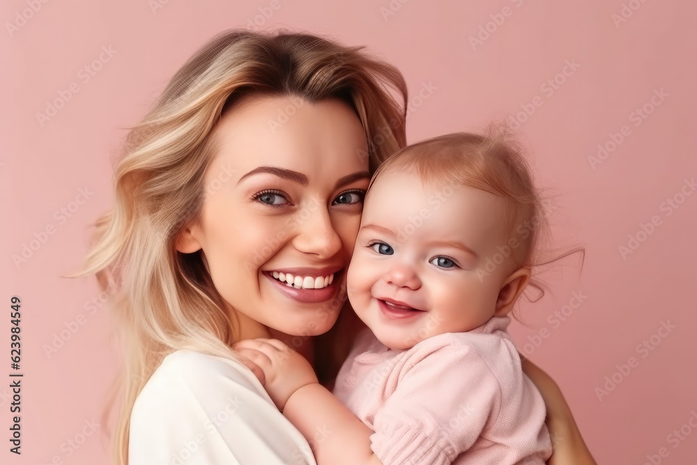 Studio portrait of a young smile asian mother and happy child isolated on pastel pink wall background. Mom and baby embrace. Mother's Day. Loving parent, Generative AI Studio portrait of a young smile asian mother and happy child isolated on pastel pink wall background. Mom and baby embrace. Mother's Day. Loving parent, Generative AI