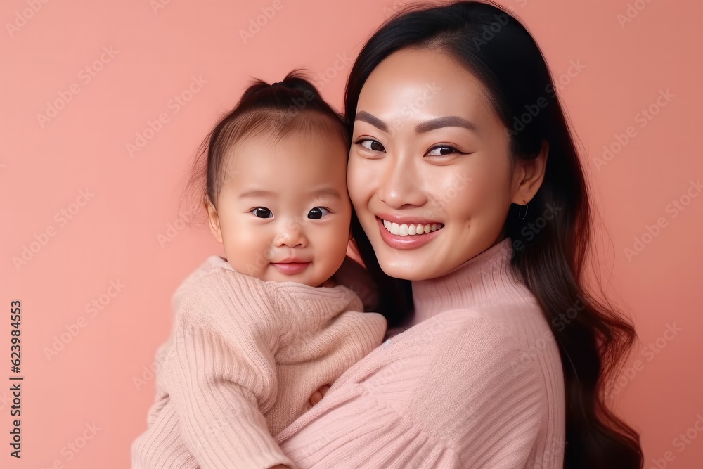 Studio portrait of a young smile asian mother and happy child isolated on pastel pink wall background. Mom and baby embrace. Mother's Day. Loving parent, Generative AI Studio portrait of a young smile asian mother and happy child isolated on pastel pink wall background. Mom and baby embrace. Mother's Day. Loving parent, Generative AI