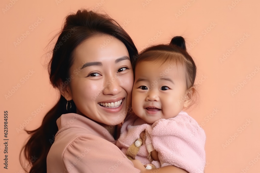 Studio portrait of a young smile asian mother and happy child isolated on pastel pink wall background. Mom and baby embrace. Mother's Day. Loving parent, Generative AI Studio portrait of a young smile asian mother and happy child isolated on pastel pink wall background. Mom and baby embrace. Mother's Day. Loving parent, Generative AI