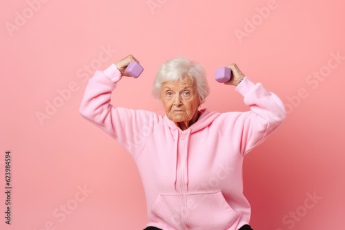 Old woman doing aerobics on pastel blue background, Generative AI