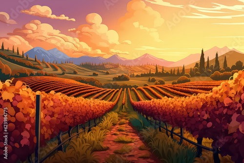 Rows of vineyards in an autumn landscape with a colorful sunset.