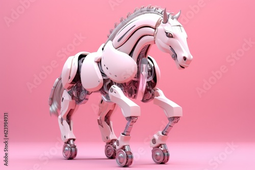 Illustration of futuristic horse robot isolated on pastel color background, Generative AI