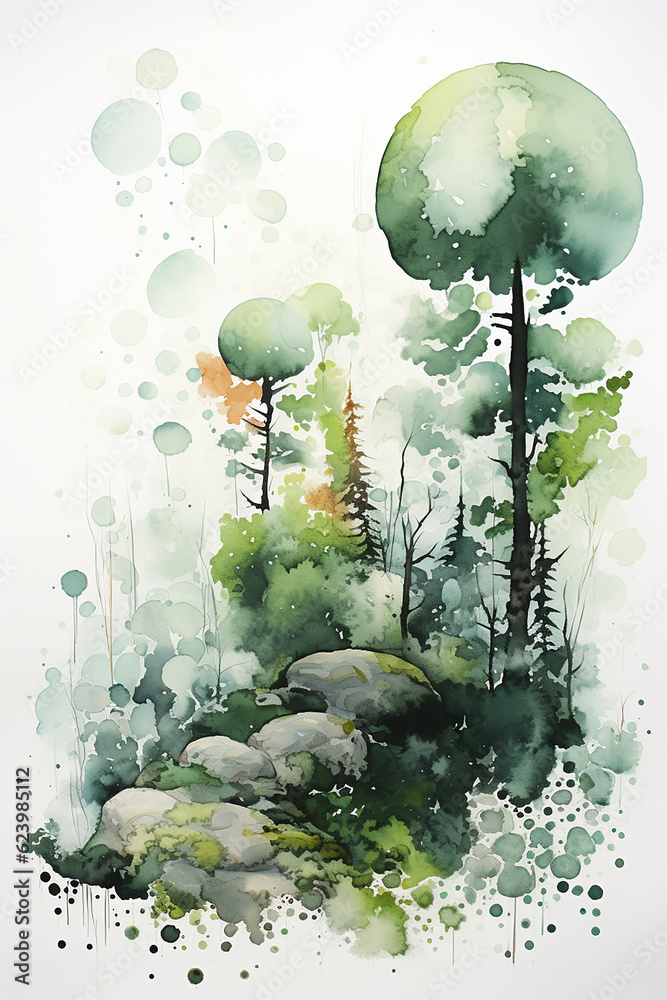 Watercolor, forest, abstract, blob test, white background, mute colors with Generative AI technology.