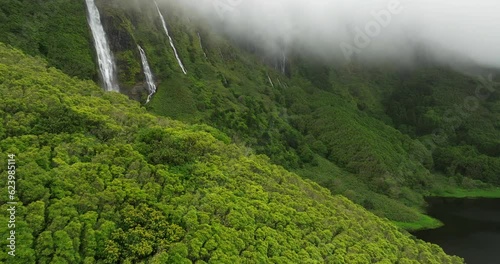 Wallpaper Mural Flores island aerial view in Azores Ribeira do Ferreiro waterfalls in fog day Torontodigital.ca