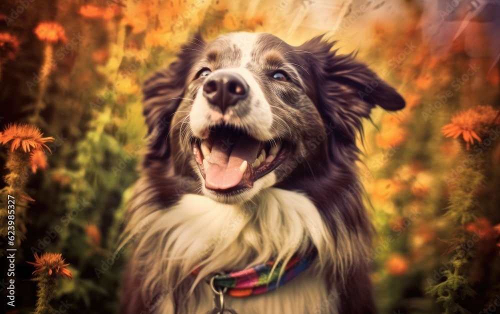 Fototapeta premium Vintage style of a border collie hippy dog that is a hippy and very happy, Generative AI