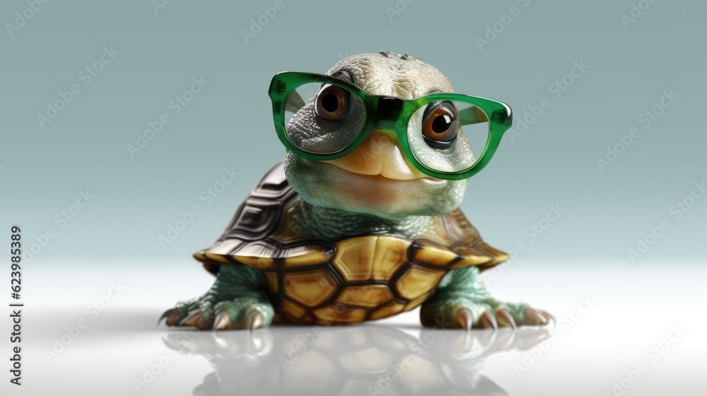 Fototapeta premium Cute little green turtle with glasses in studio, Generative AI
