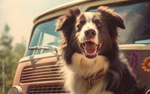 Vintage style of a border collie hippy dog that is a hippy and  very happy, Generative AI © tonstock